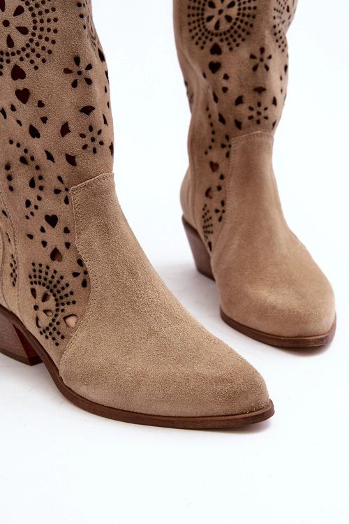 Zazoo 3396 Zamszowe Ażurowe Kozaki Do Połowy Łydki Jasnobeżowe