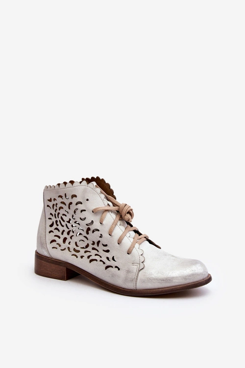 Zazoo 2871 Ażurowe Botki Damskie Sznurowane Srebrne