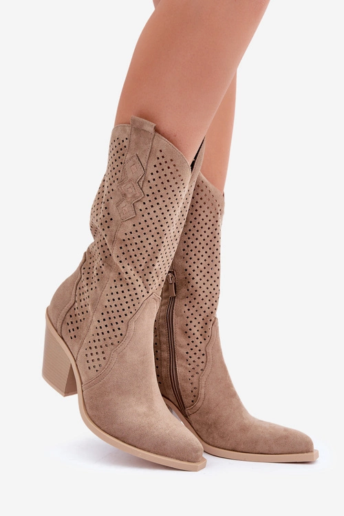 Ażurowe Botki Kowbojki Na Słupku Ciemnobeżowe Salive