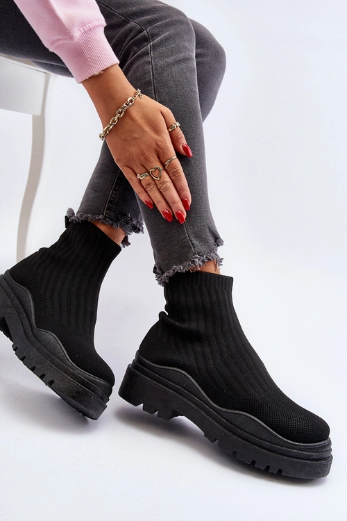 Skarpetkowe Botki Na Masywnej Podeszwie Wsuwane Damskie Czarne Elipara