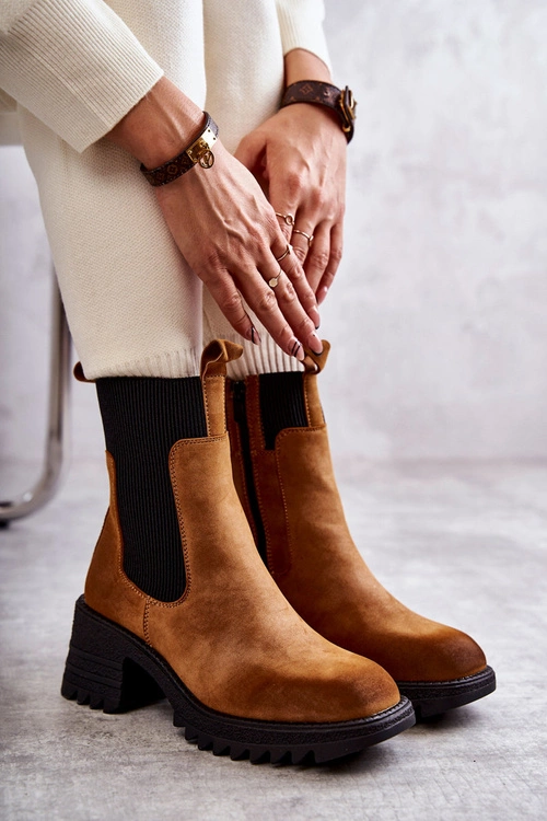 Damskie Ocieplane Botki Na Obcasie Camel Abella