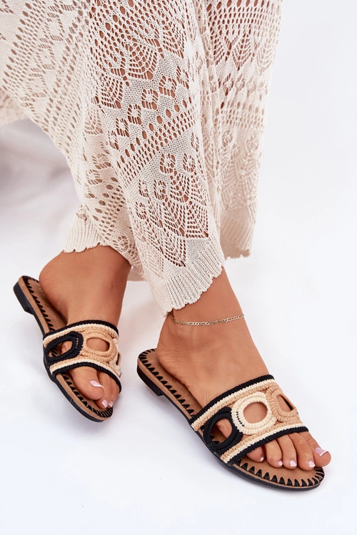 Szydełkowe Klapki Damskie Na Płaskim Obcasie Czarne Nirina