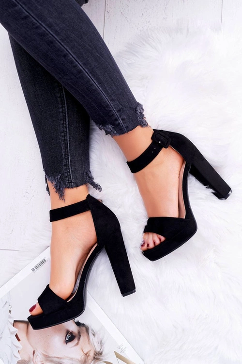 Sandały Damskie Na Obcasie Słupku Zamsz Czarne ShakeUp