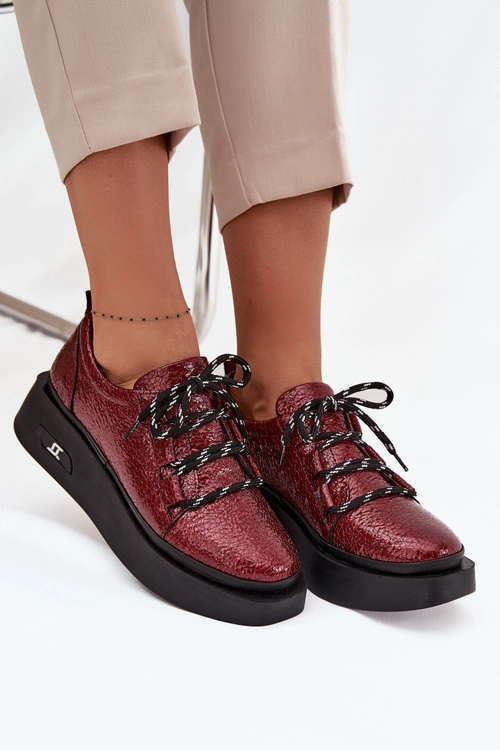 Skórzane Lakierowane Półbuty Damskie Na Platformie Artiker 57C2046 Bordowe