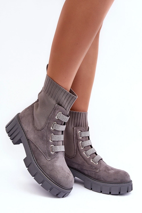 Zamszowe Wsuwane Botki Skarpetkowe Szare Hope