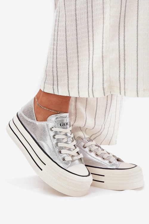 Skórzane Trampki Damskie Na Platformie GOE RR2N4108 Srebrne