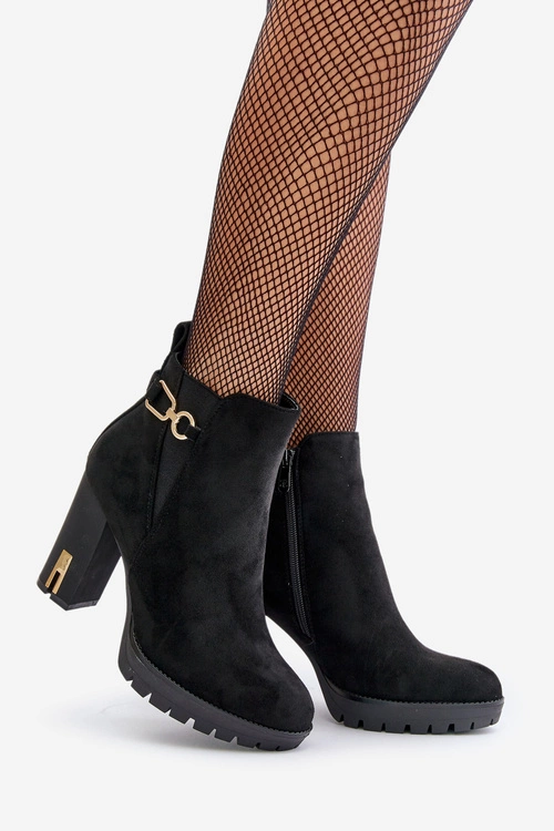 Ocieplane Botki Damskie Na Wysokim Obcasie Słupku Czarne Terisanna