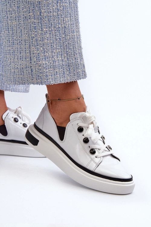 Lakierowane Sneakersy Damskie Skórzane D&A LR535 Białe