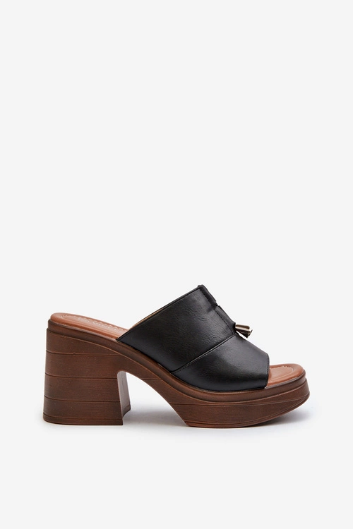 Klapki Damskie Z Eko Skóry Na Platformie I Klocku Czarne Dafira