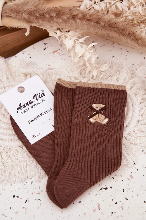 Bawełniane Skarpetki W Prążki Z Misiem Czekoladowe