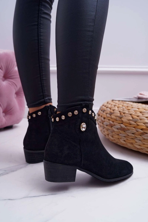 Botki Damskie Płaski Obcas Kowbojki Z Cyrkoniami Czarne Patti