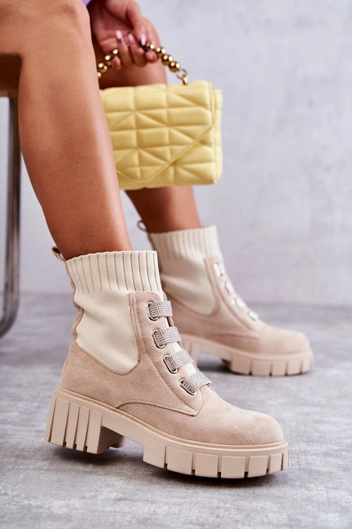 Zamszowe Wsuwane Botki Skarpetkowe Beżowe Hope