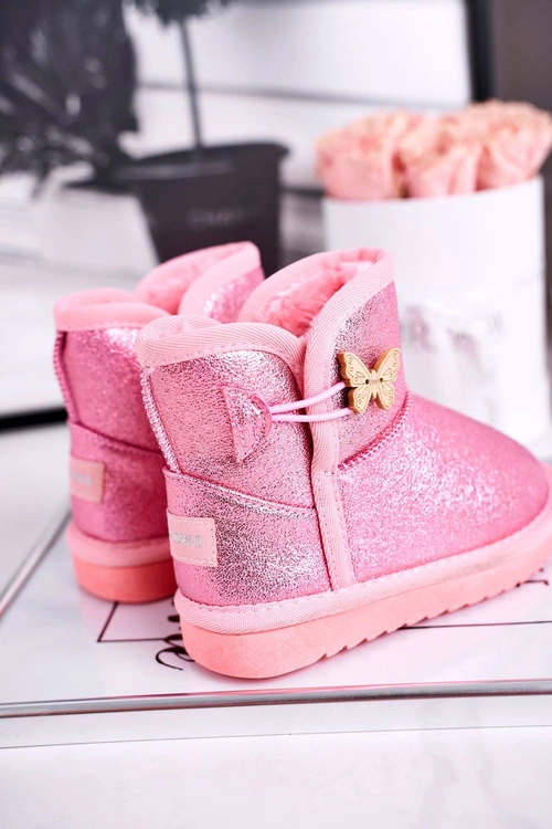 Ocieplane dziecięce botki śniegowce z motylkiem różowe Cosmic