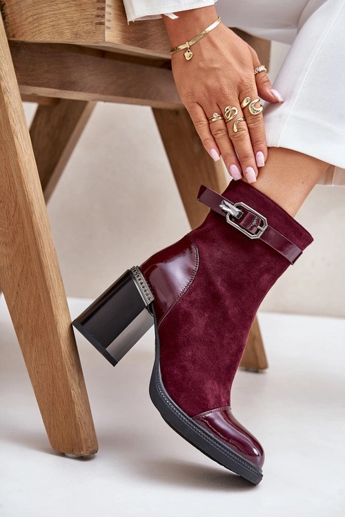 Botki Damskie Ocieplane Na Obcasie Słupku Z Ozdobną Klamrą D&A MR880-085 Bordowe