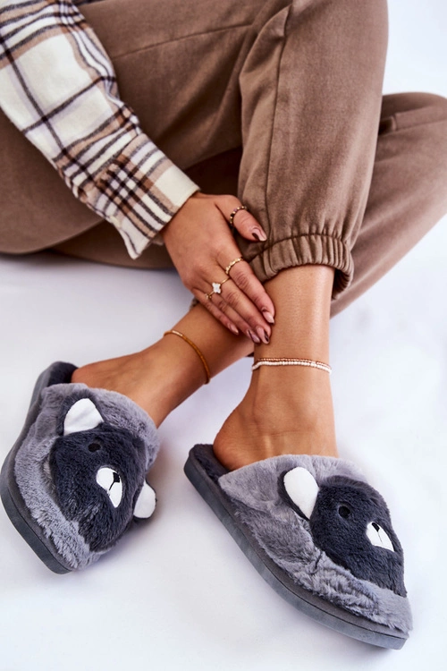 Damskie Futrzane Papcie Z Misiem Szare Solly