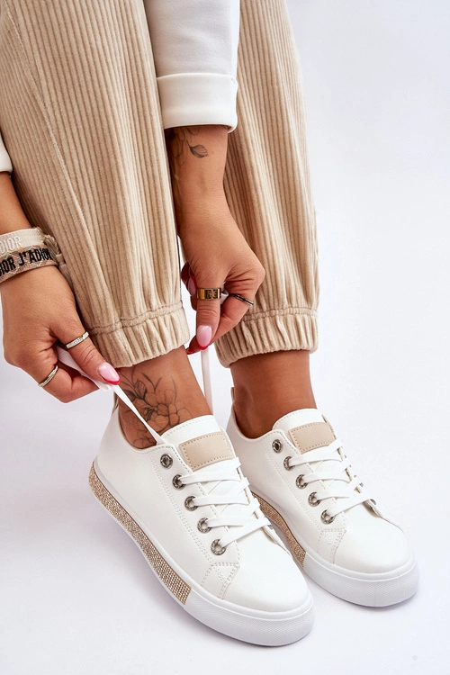 Niskie Trampki Damskie Z Dżetami Biało-Beżowe Demira