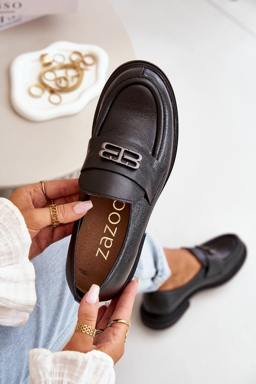 Zazoo 20174 Skórzane Eleganckie Półbuty Damskie Na Płaskim Obcasie Czarne