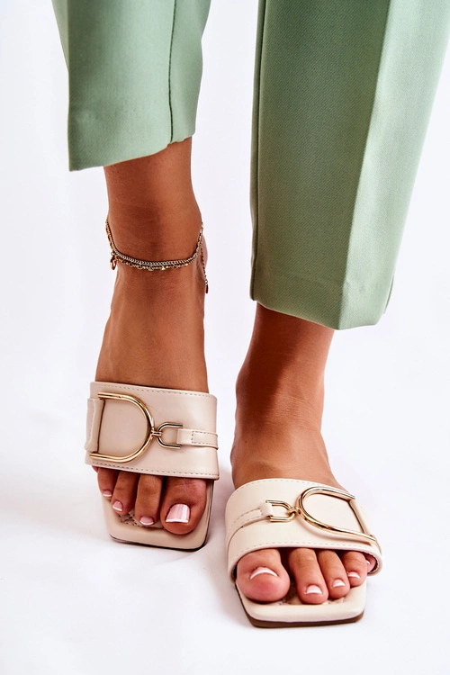 Damskie Skórzane Klasyczne Klapki Z Ozdobą Beżowe Shilla