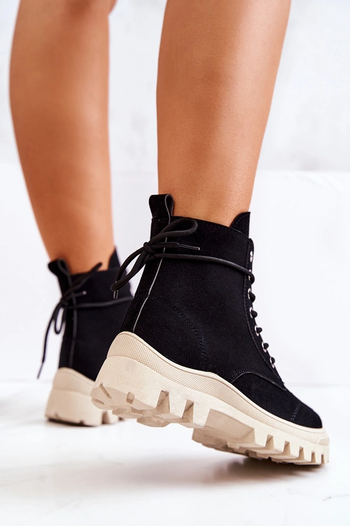 Zamszowe Botki Trapery Wiązane Czarne Hurricane