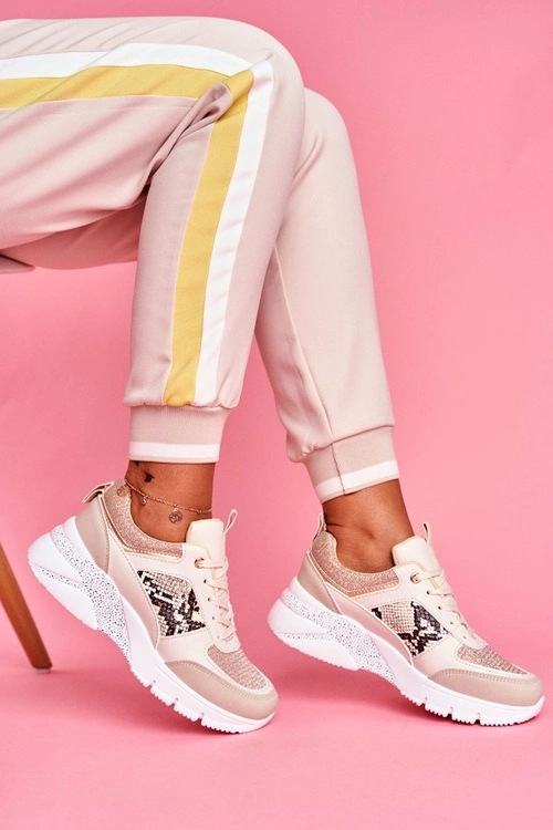 Sportowe Damskie Buty Beżowe Brokat Lisbon