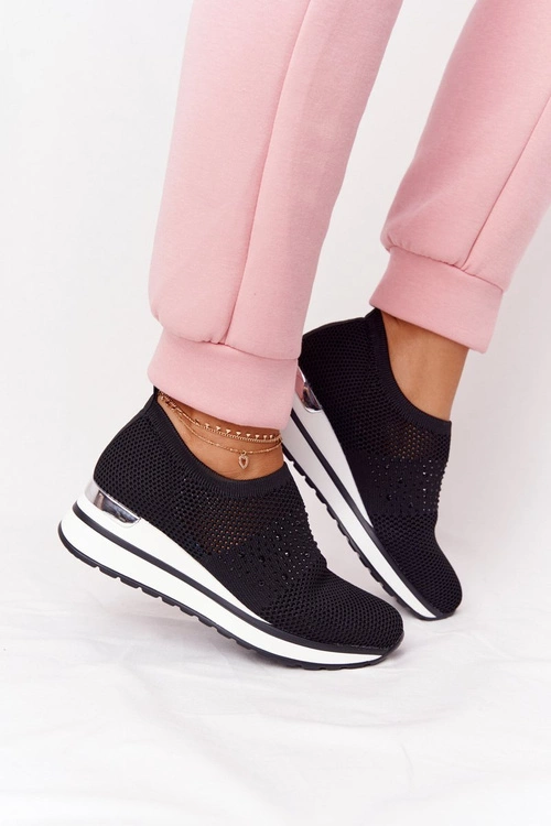 Ażurowe Sneakersy Slip-On Na Koturnie Czarne Sophia