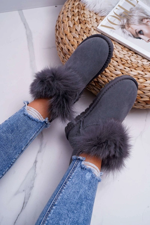 Damskie Botki Śniegowce Ocieplane Futerkiem Skóra Zamsz Szare Memento