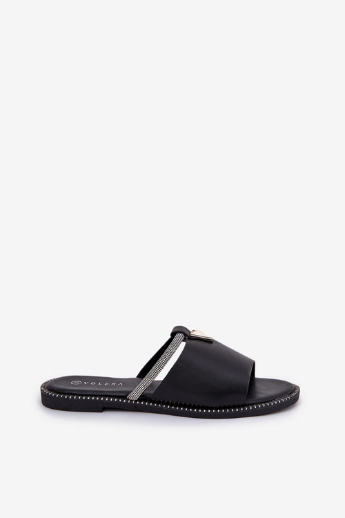 Eko Skórzane Klapki Na Płaskim Obcasie Z Ozdobnym Paseczkiem Czarne Hirtewi