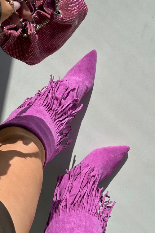 Kozaki Damskie Na Szpilce Z Frędzlami Fioletowe Isalune