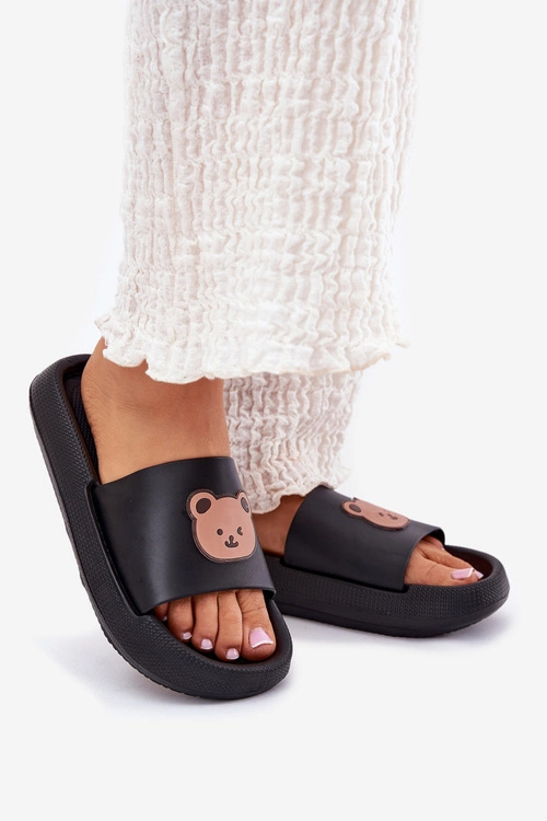 Damskie Piankowe Klapki Z Misiem Czarne Lalon