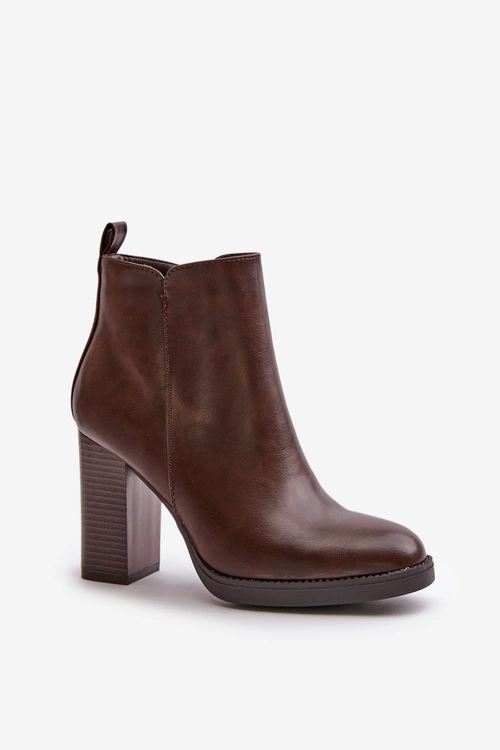 Ocieplane Botki Damskie Na Słupku Eko Skórzane Ciemnobrązowe Teresine