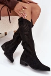 Ażurowe Kozaki Damskie Na Klocku Przed Kolano Czarne Fioris 
