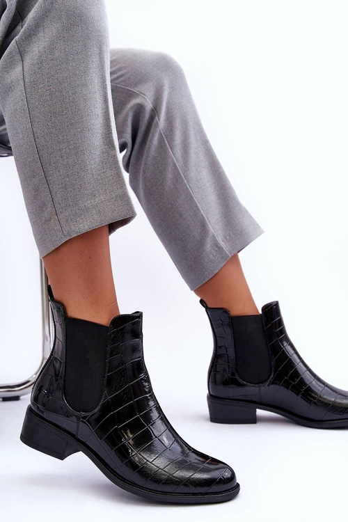 Skórzane Botki Sztyblety Zwierzęcy Wzór Czarne Daina