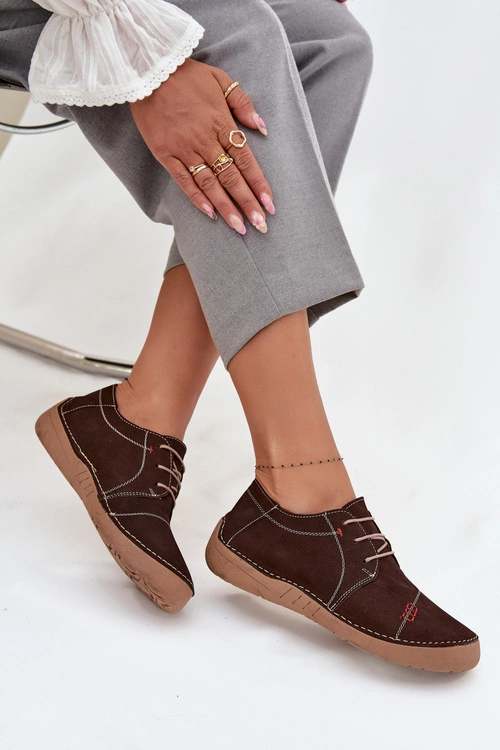 Skórzane Półbuty Damskie Z Przeszyciami Artiker 57C2114 Brązowe