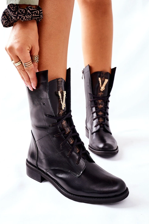 Damskie Skórzane Botki Trzewiki Nicole Czarne 2581/001