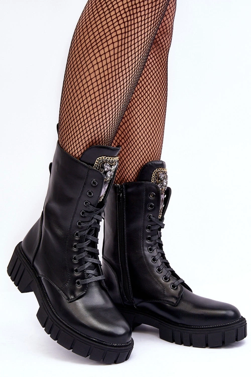 Skórzane Botki Workery Z Biżuteryjną Ozdobą Czarne Marx