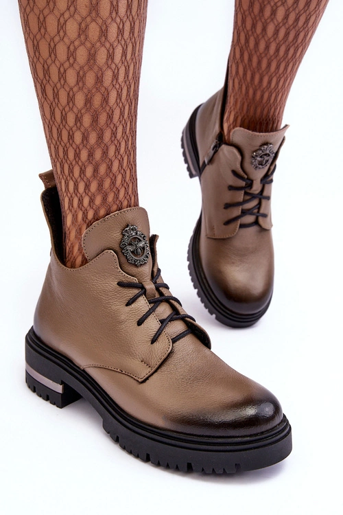 Damskie Skórzane Botki Na Płaskim Obcasie Beżowe Lemar Charline