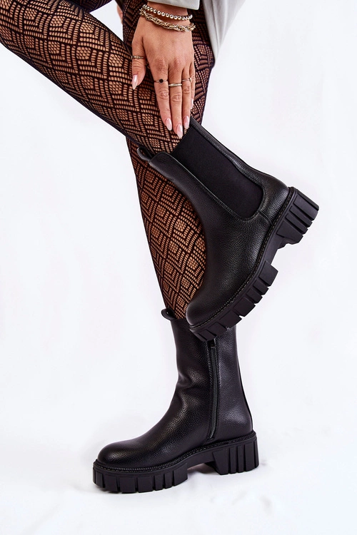 Skórzane Damskie Botki Na Platformie Czarne Bente