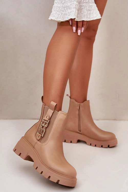 Ocieplane Botki Damskie Eko Skórzane Ze Złotą Ozdobą Beżowe Erivianes