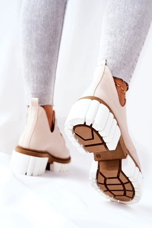 Skórzane Botki Z Wycięciem Wiązane Beżowe Kaxo