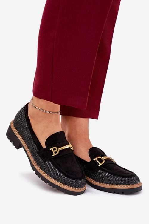 Mokasyny Damskie Z Plecionką I Złotym Detalem Czarne Seffolia