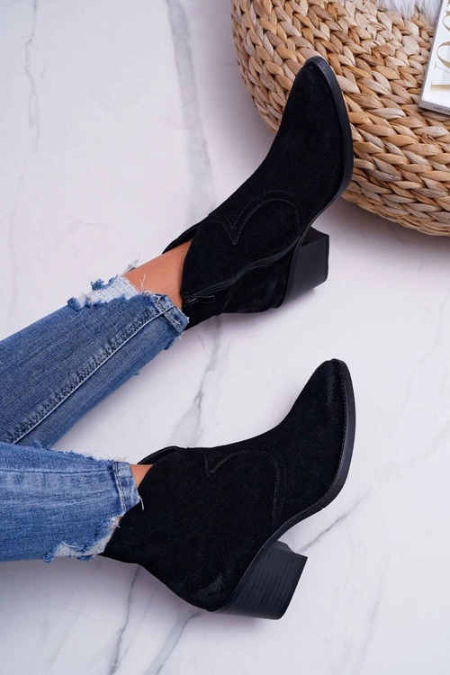 Damskie Botki Kowbojki Zamszowe Czarne Barski 1638