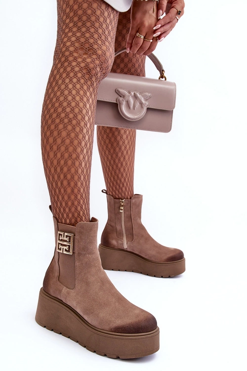 Damskie Zamszowe Botki Na Masywnej Platformie Ciemnobeżowe Lemar Savira