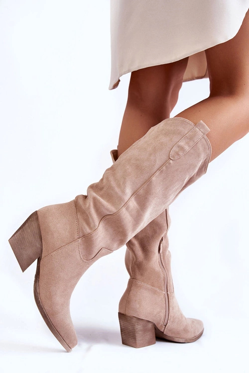 Damskie Zamszowe Kozaki Kowbojki Beżowe Alaina