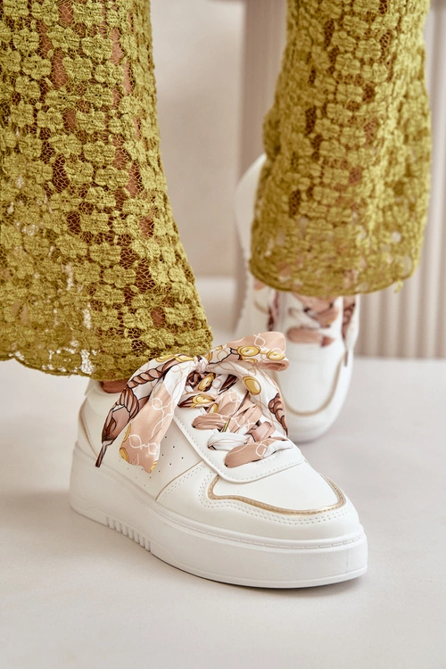 Sneakersy Damskie Na Platformie Z Ozdobnym Sznurowaniem Białe Mistra