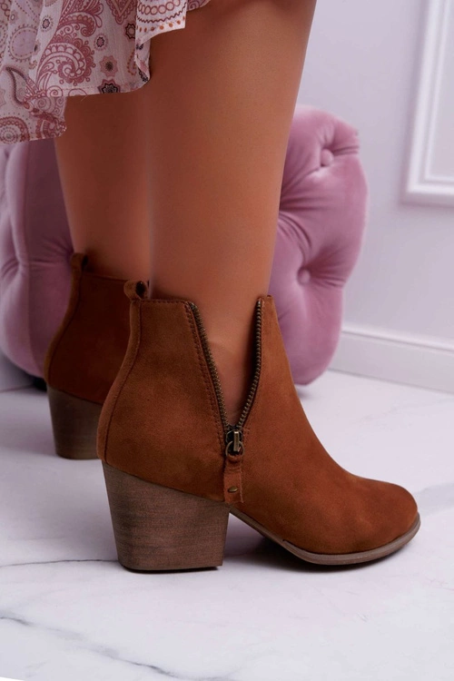 Botki Damskie Na Obcasie Suwak Zamszowe Camel Farre