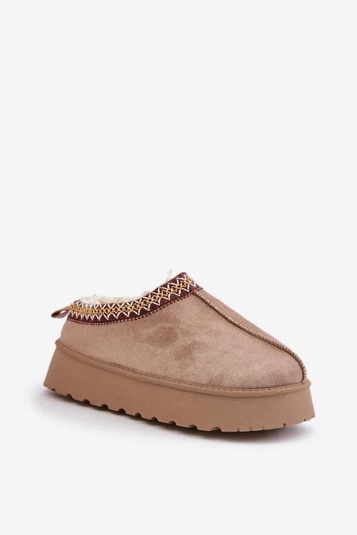 Kapcie Śniegowce Na Platformie Z Haftem Ciemnobeżowe Tamilda