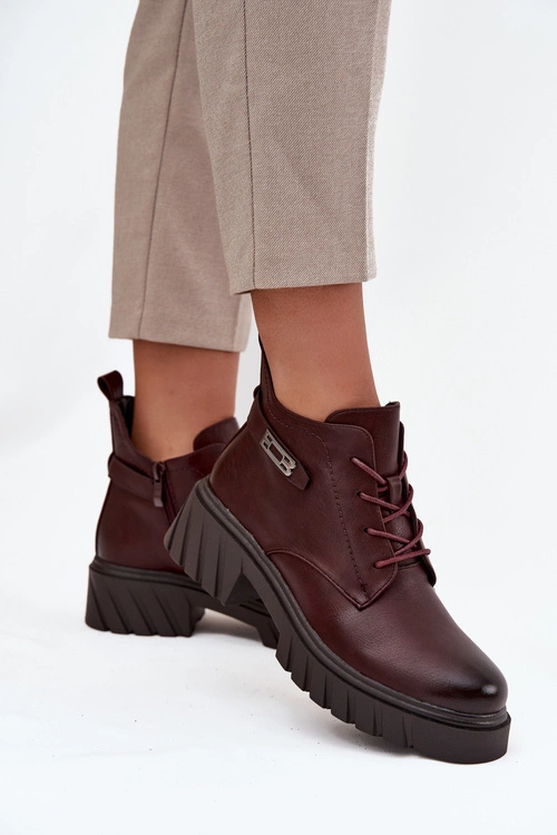 Niskie Ocieplane Botki Damskie Na Klocku Z Ozdobnym Paskiem Bordowe Therisse