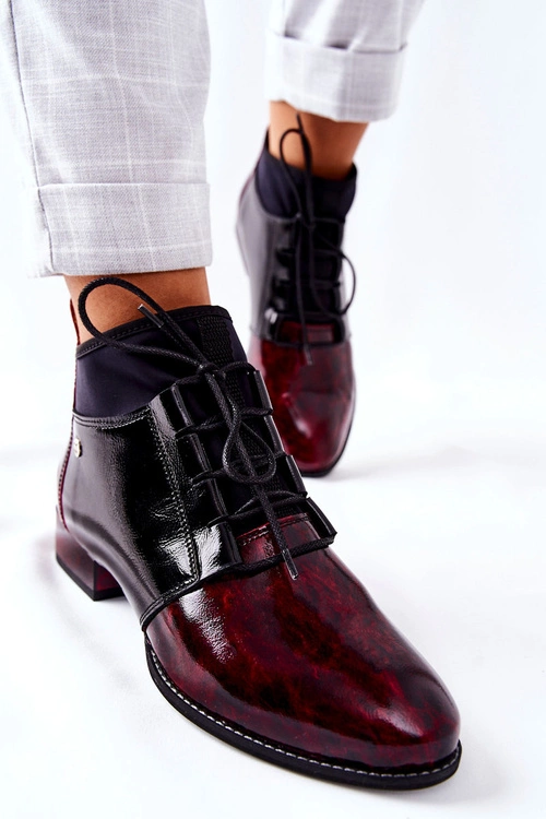 Skórzane Botki Trzewiki Maciejka Marmurki Bordowe 04744-29