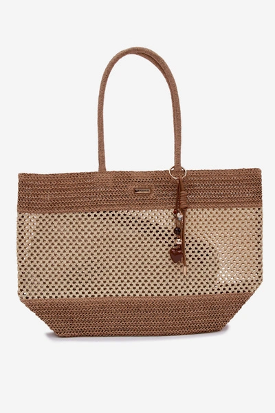 Flora&Co Pleciona Torba Shopper Duża Z Brelokiem Beżowa Lucette