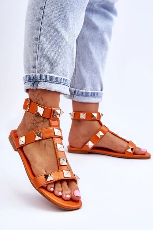 Skórzane Damskie Sandały Z Dużymi Ćwiekami Pomarańczowe Mishigan